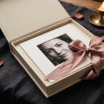 Caja de regalo con fotografía impresa en passepartout y lazo rosa empolvado