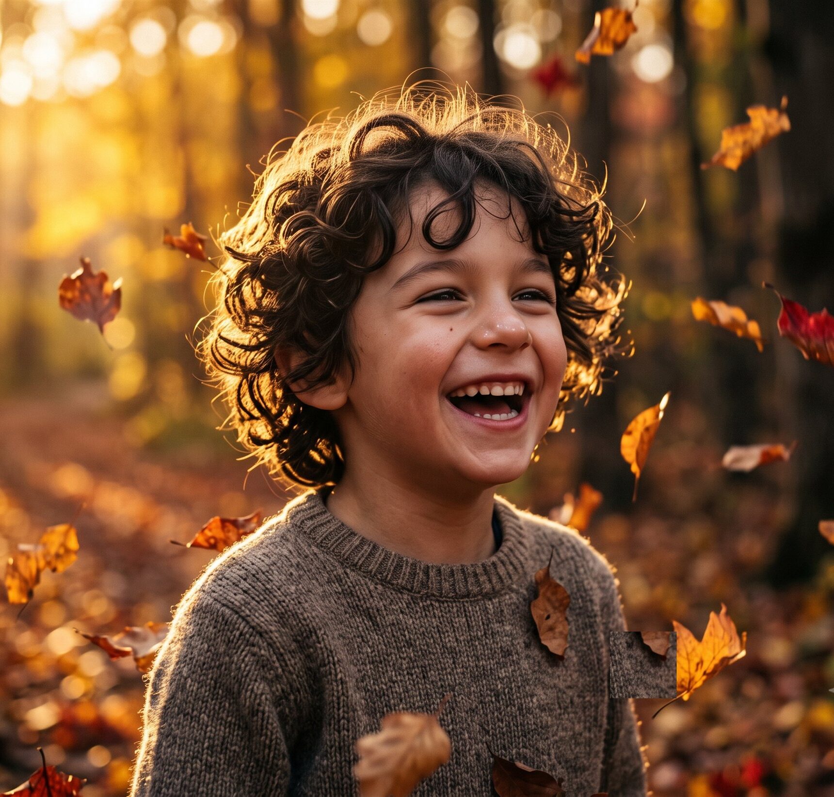 Sesión de fotos infantil en exterior: niño riendo entre hojas de otoño con luz dorada