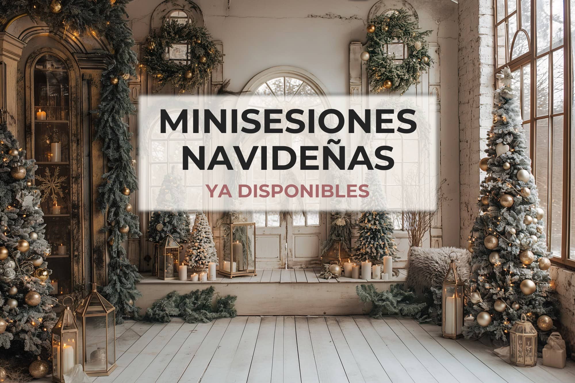 Minisesiones navideñas ya disponibles en La Gallarda, Málaga, sobre el fondo de salón blanco con puertas en arco y abetos